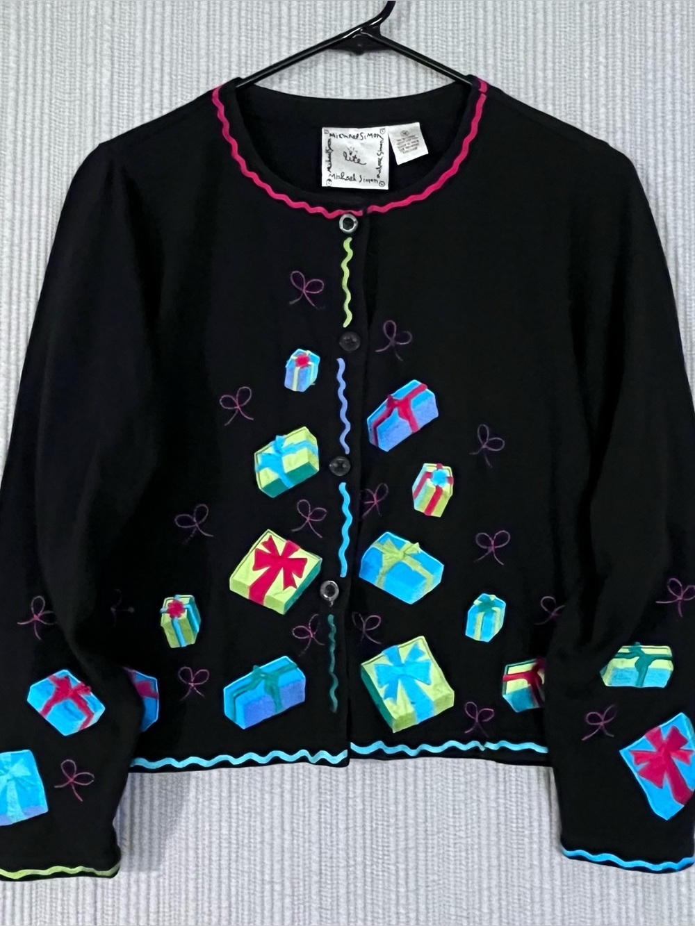 Michael Simon lite Christmas Cardigan Black w Colorful Embroidery Womens M